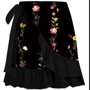 Black & Yellow Floral Ruffle-Trim Wrap Skirt